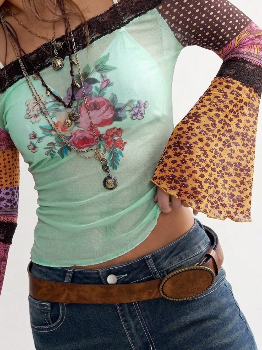 Boho Colorful Floral Polka Dot Lace off Shoulder Semi Sheer Long Sleeve Top - Picture 3 of 5